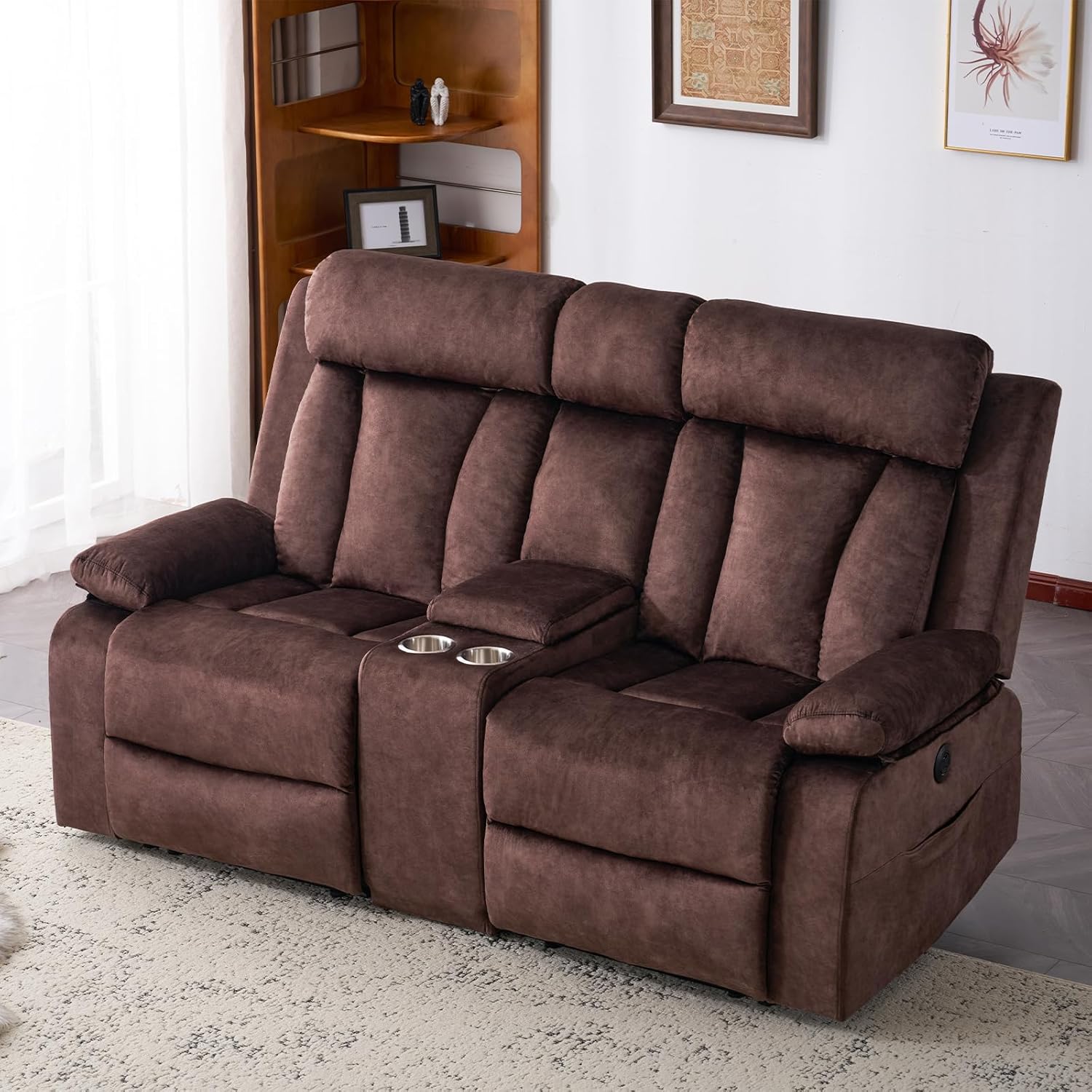 Power Reclining Loveseat with Console, Electric Double Recliner with USB/Type C/Side Pocket/Cup Holders, RV Recliners Wall Hugger Reclining Loveseat for Living Room & RV & Home Theater