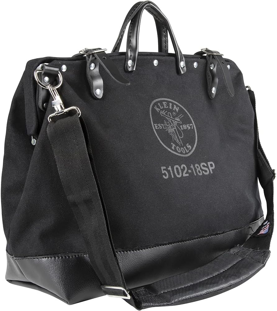 Klein Tools 510218SPBLK Tool Bag, Large 18-Inch Deluxe Canvas Tool Bag and Organizer with 13 Pockets and Shoulder Strap, Black