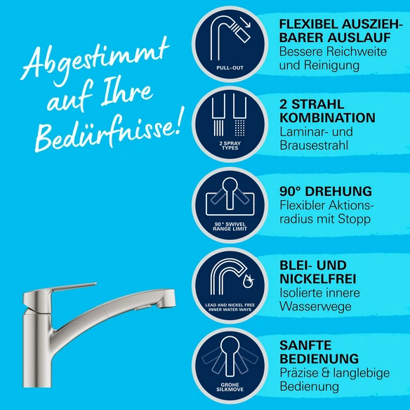 Spültischbatterie »Start«, flacher Auslauf, ausziehbare Spülbrause