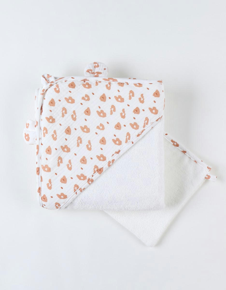 - Set de bain léopard en éponge et mousseline, écru/terracotta