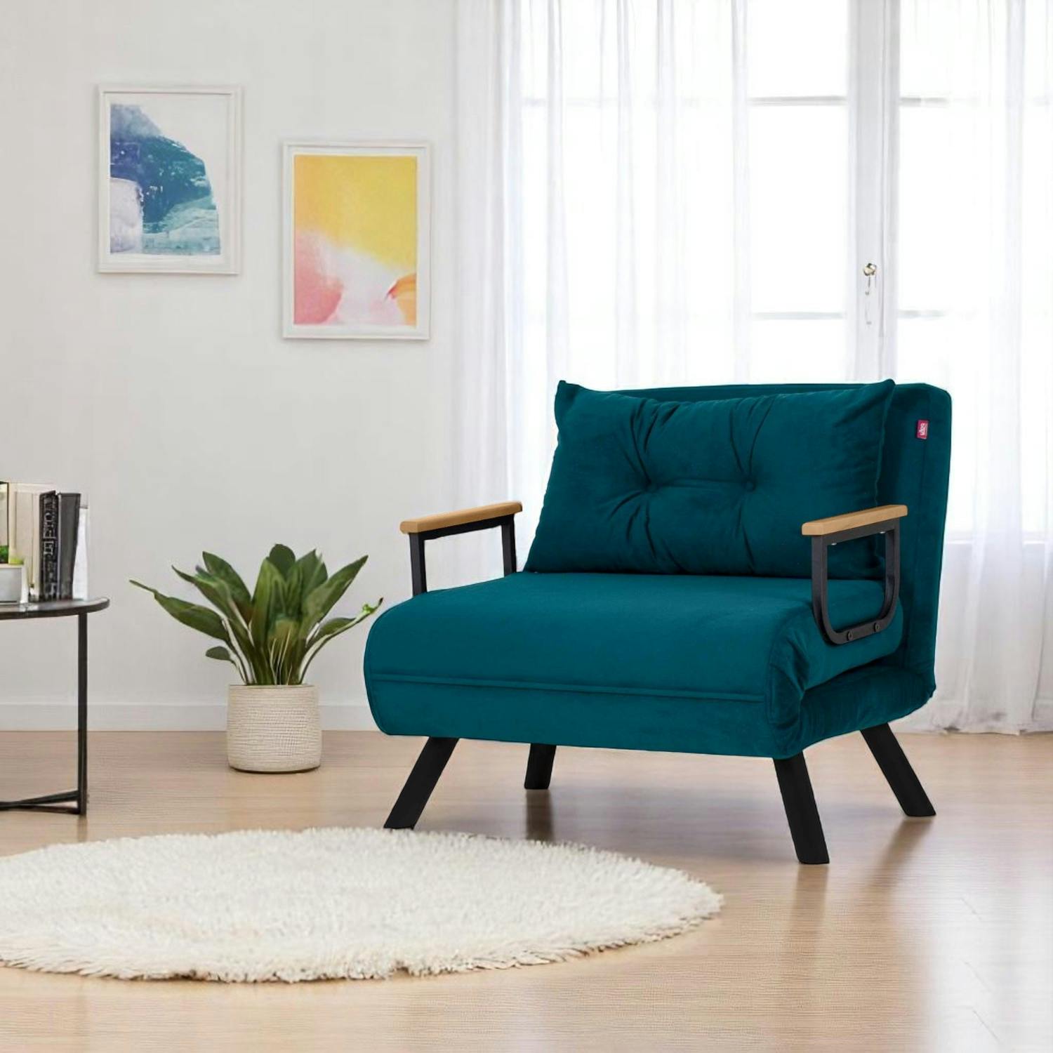Fauteuil convertible bleu canard - coussin assorti MODI