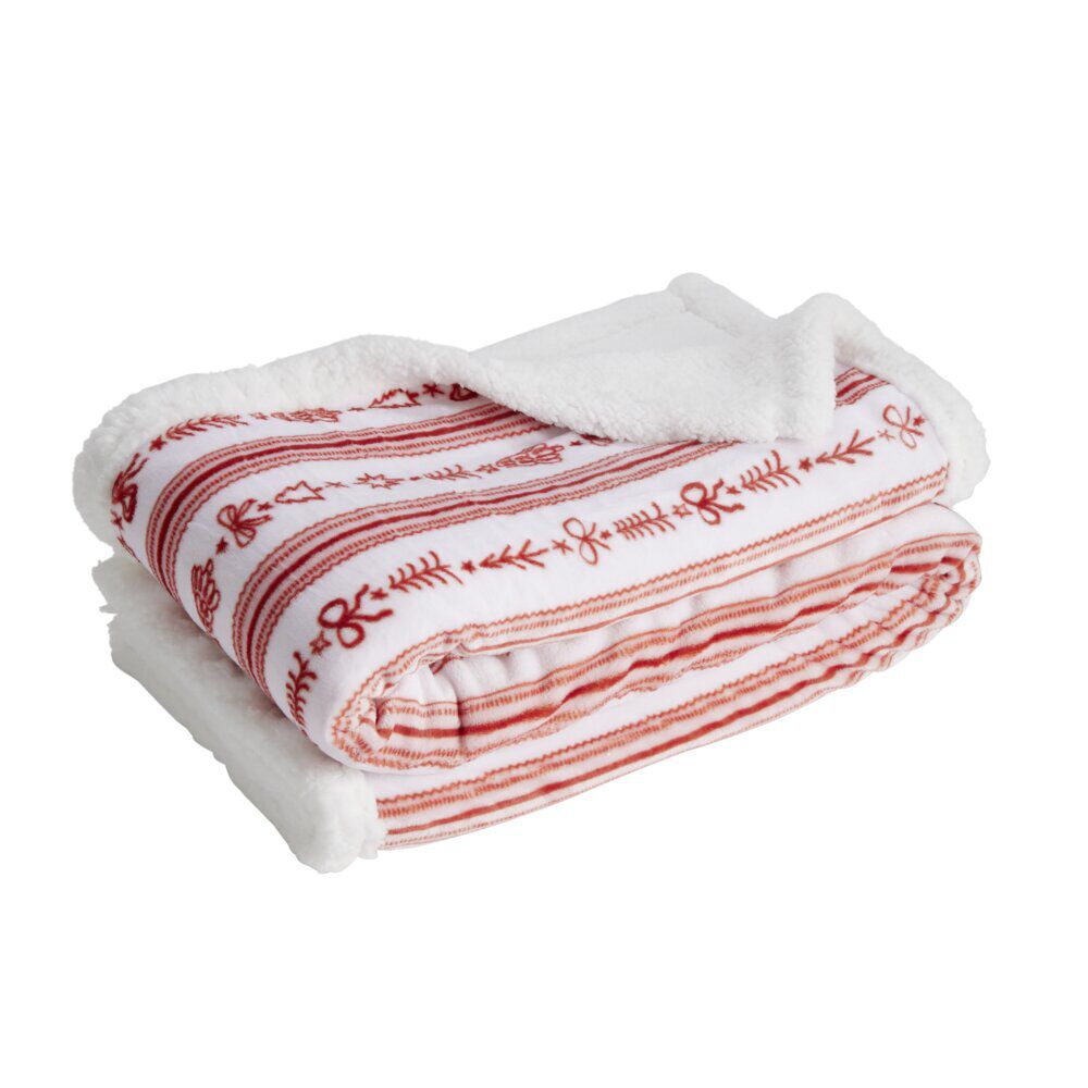 Plaid pilou pilou sherpa blanc motif No&euml;l rouge 120x150cm