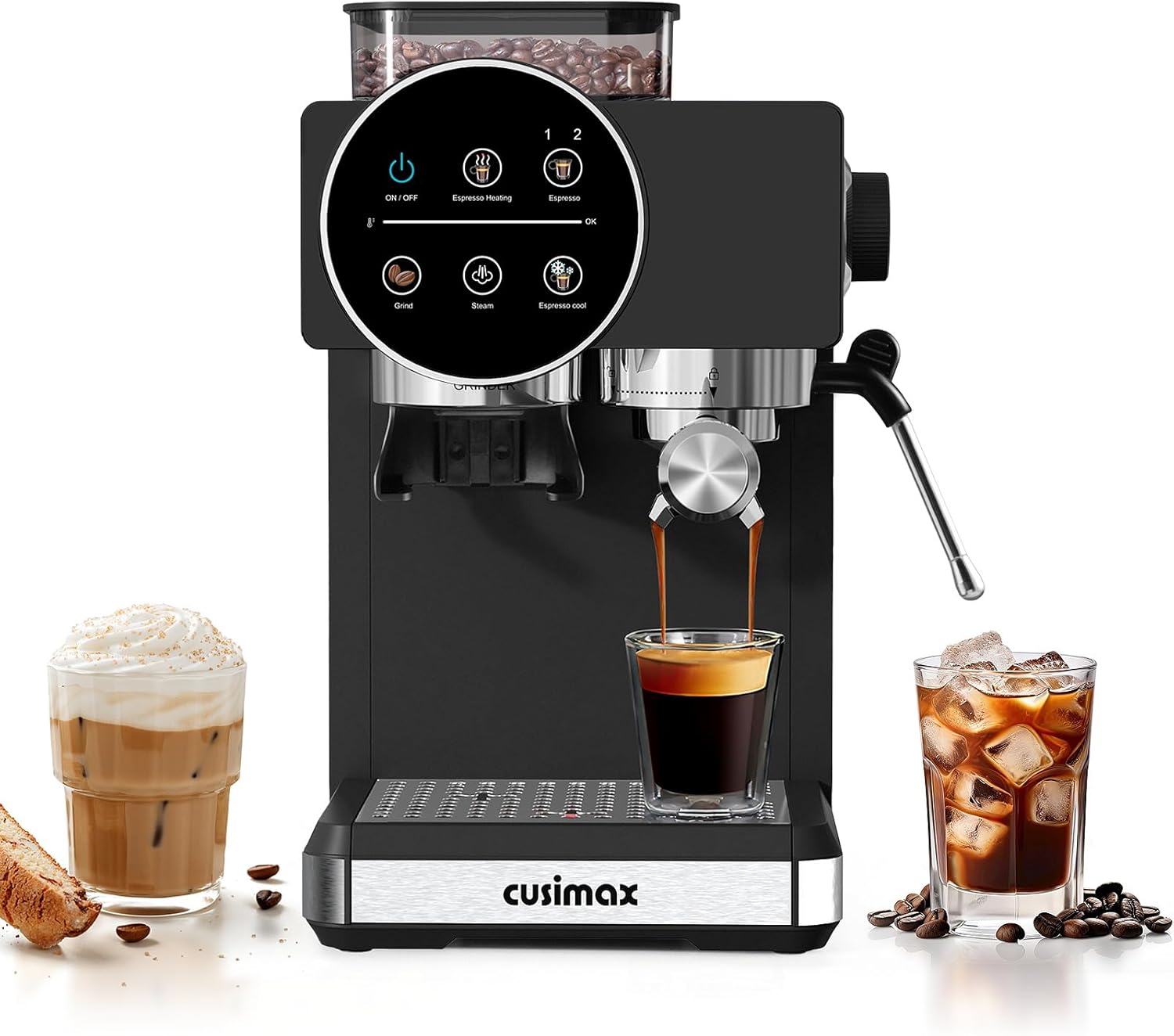 CUSIMAX Espresso Machine with Grinder, 20 Bar Professional Expresso Coffee Machines with Milk Frother Steam Wand, Espresso Maker with 60oz Removable Water Tank, Cappuccino & Latte Machine for Home