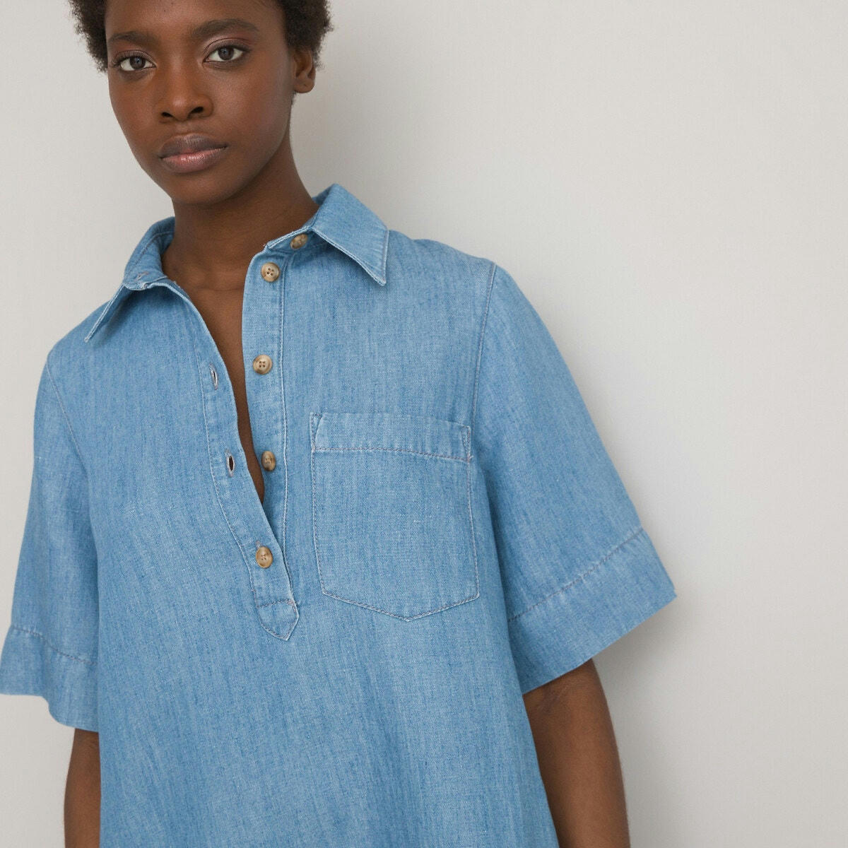 Robe droite en denim, courte, manches courtes