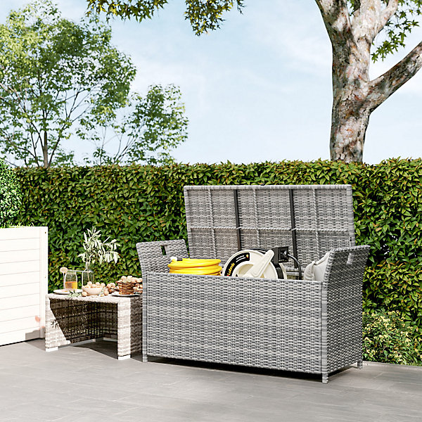 Coffre de jardin en résine tressée avec poignées et coussin déhoussable dim. 125 x 55 x 70 cm gris
