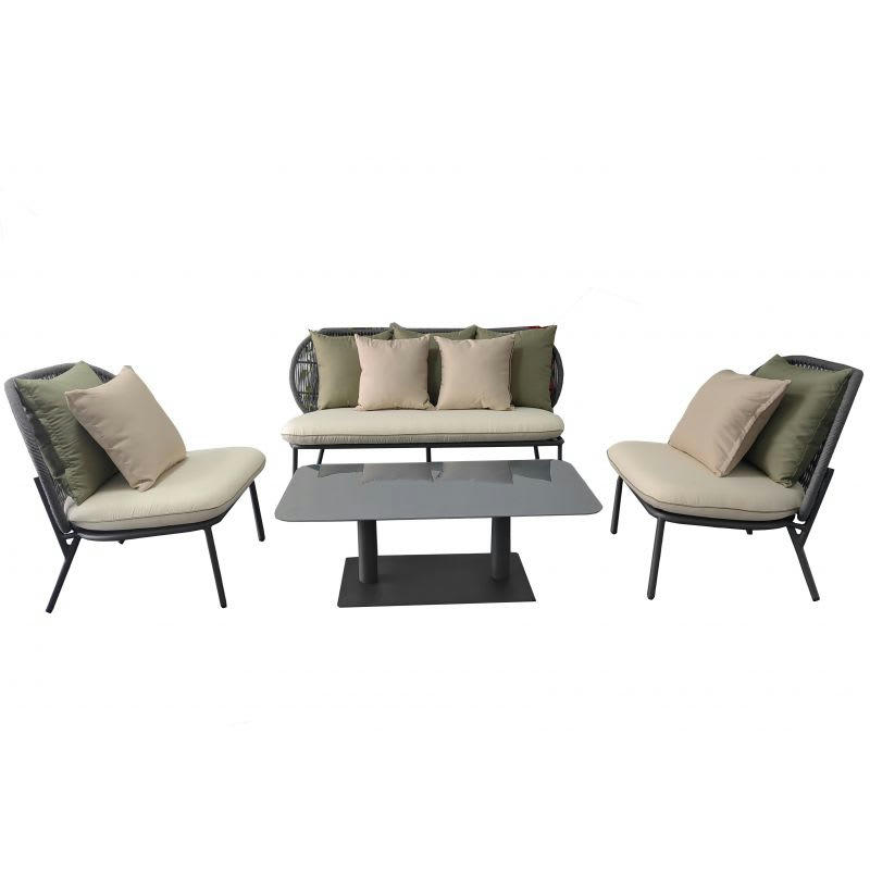 ARIA - Salon de jardin aluminium  5 places coussins blancs