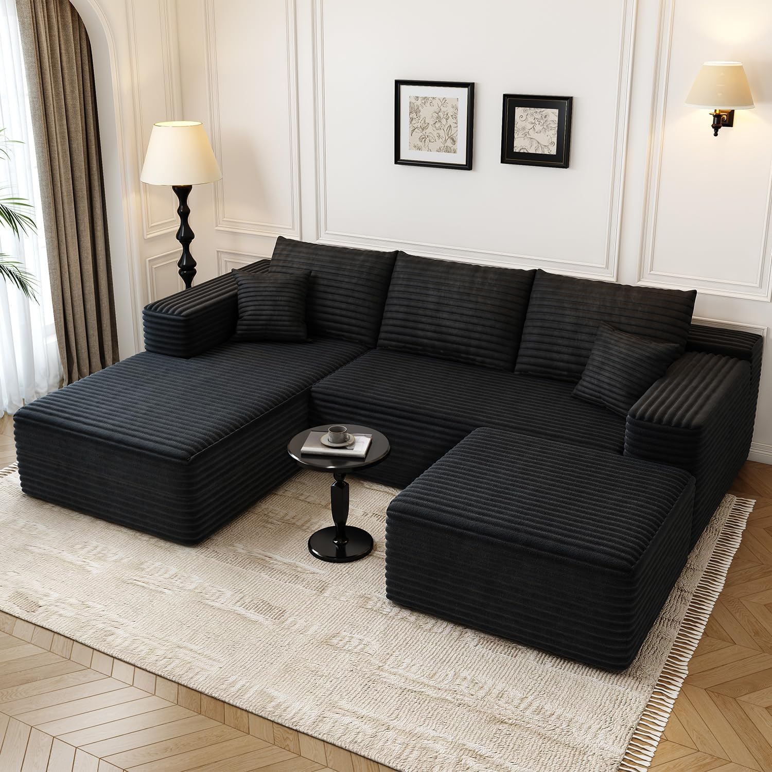 107.5 Cloud Modular Sectional Sofa with 1 Ottoman,Modern Minimalist Upholstered Couches, Comfort U Shaped Sofa for Living Room,Deep Seat Corner Couch，No Assembly Required (Black,Left Facing Chaise)