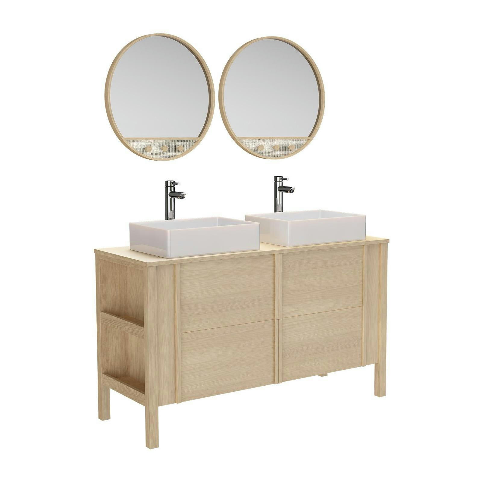 NESTO - Meuble double vasque 130cm chêne  + vasque + robinet + miroir