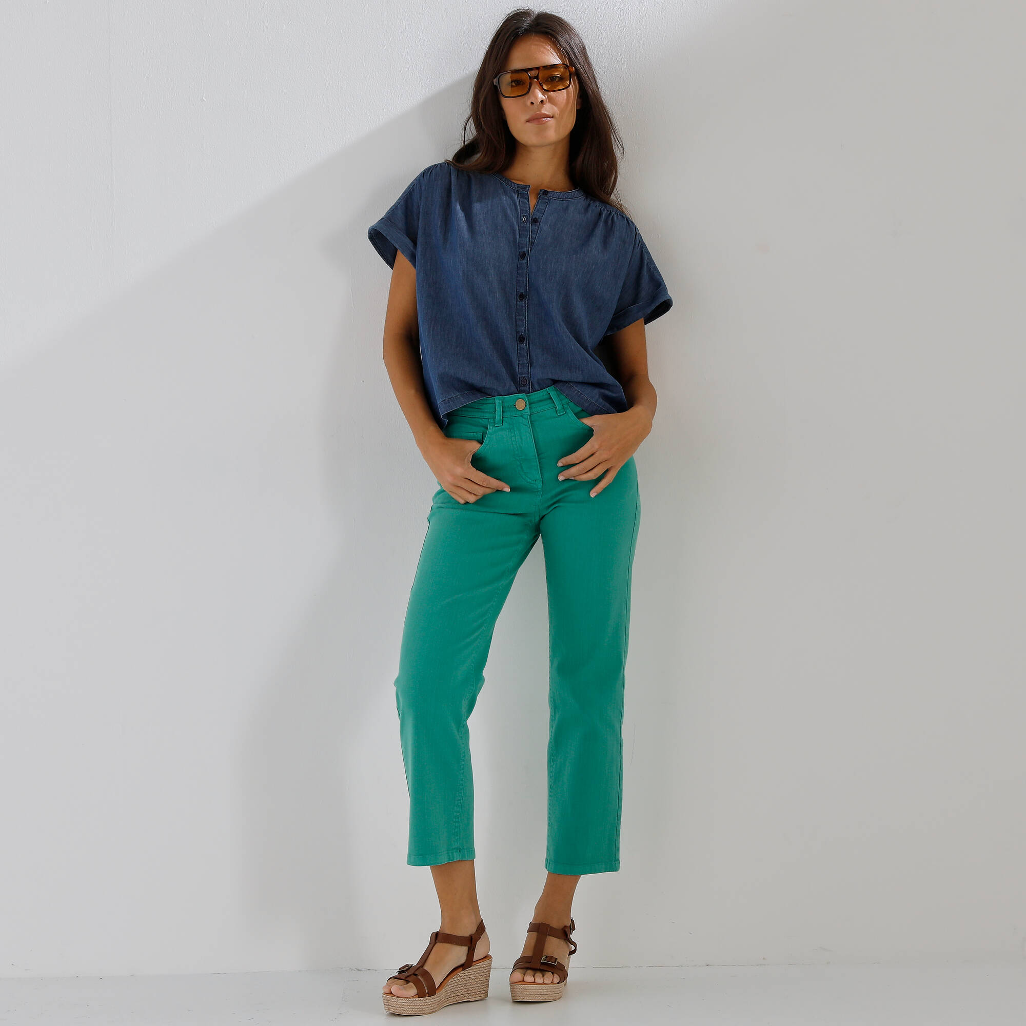 Chemisier boutonné en jean, manches courtes