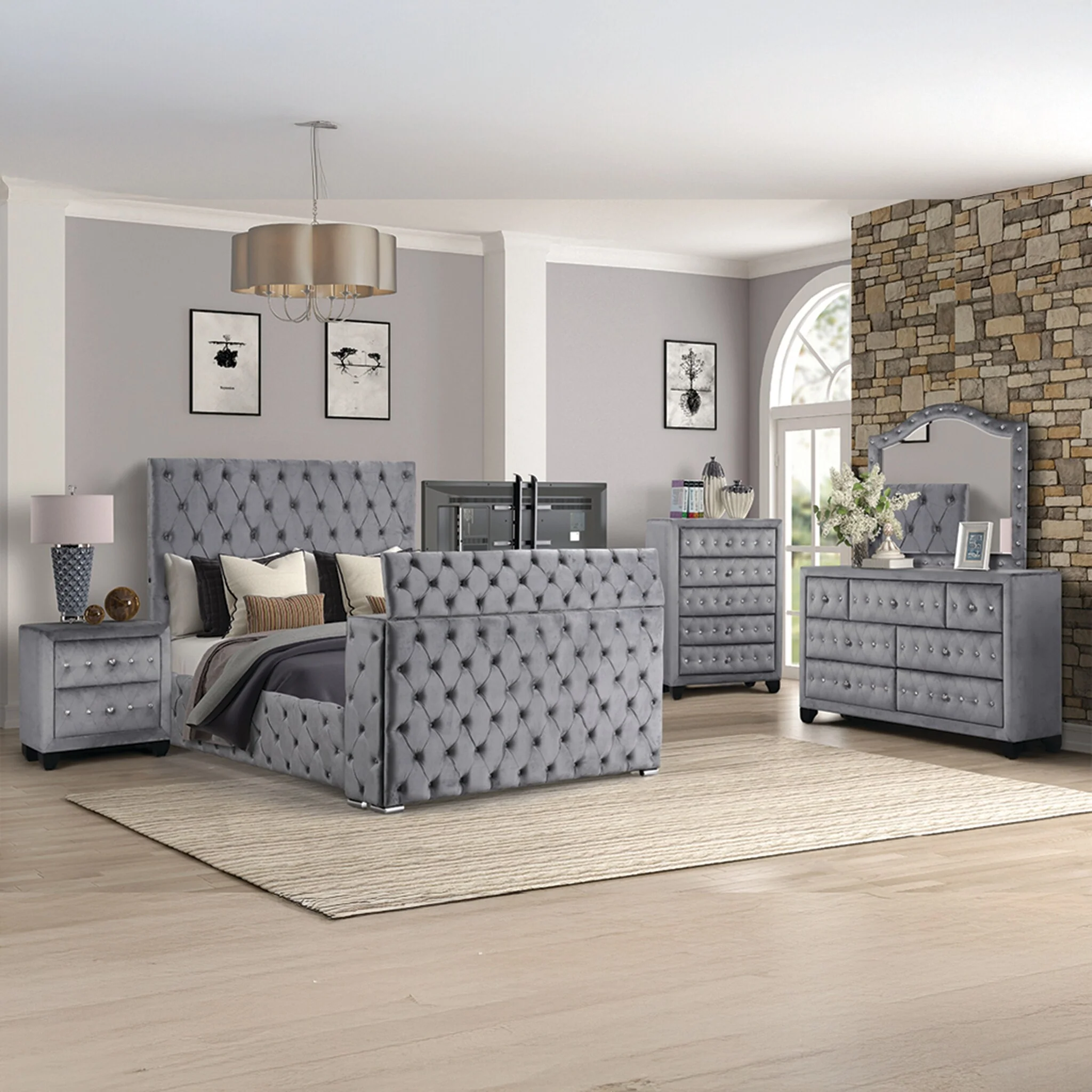 Encore King / Queen 4PC / 5PCS Bedroom Set in Beige / Black / Gray