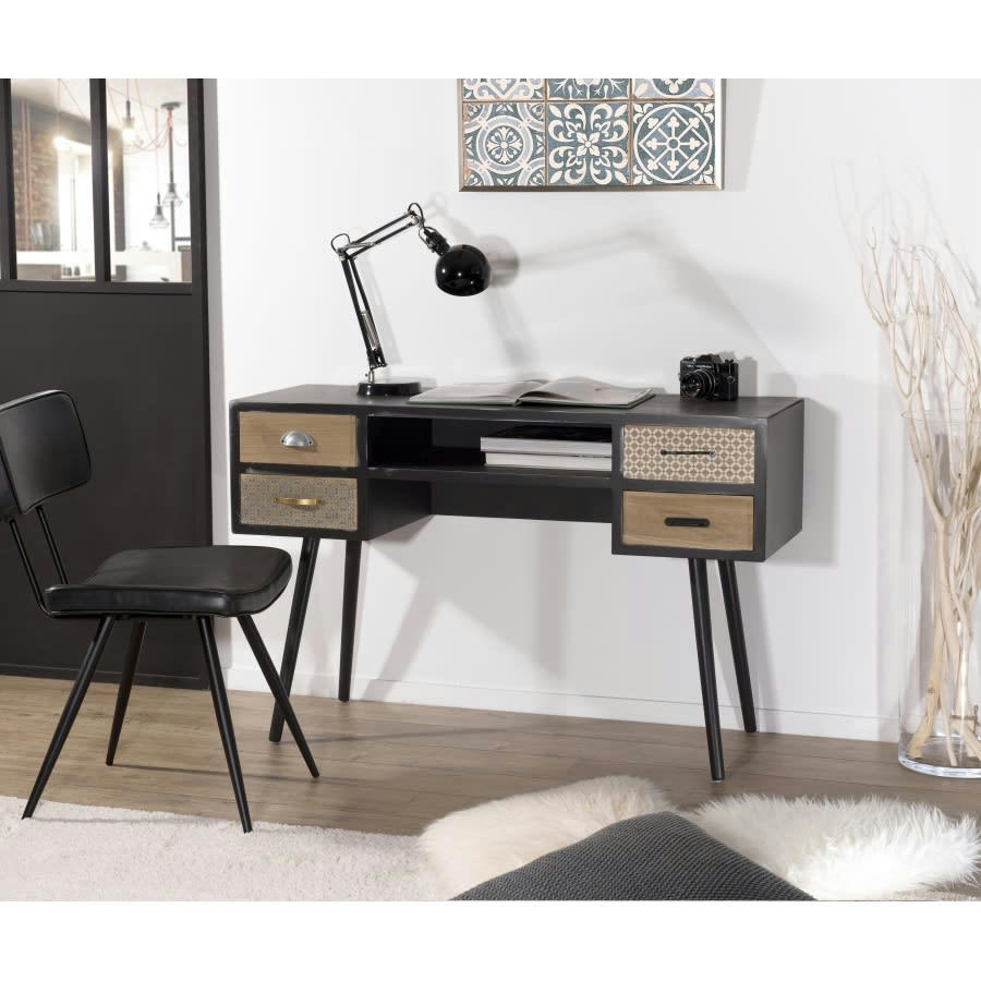 ROMAIN - Bureau noir 4 tiroirs motifs pin marron