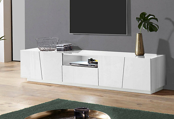 Meuble TV Paul, Buffet bas de salon, Base pour meuble TV, 100% Made in Italy, 220x43h46 cm, Blanc brillant, avec lumière LED