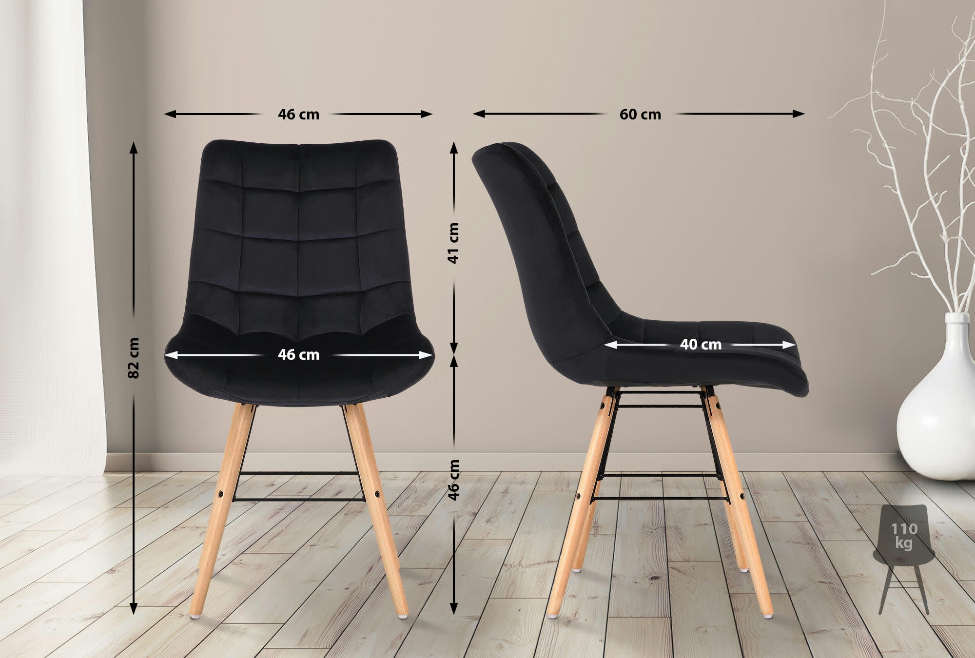 LENI - Chaise de salle à manger avec pieds bois assise en velours Noir