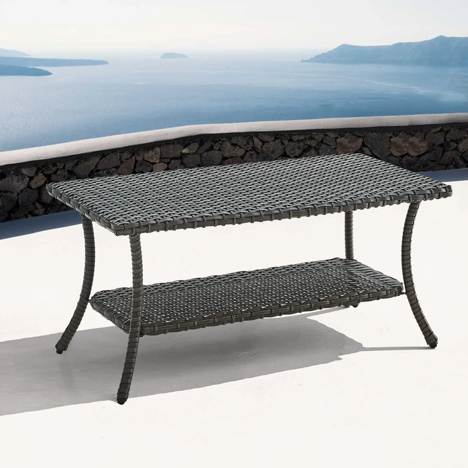 Pocassy Outdoor Wicker Coffee Table with 2-Tier Storage Shelf Brown