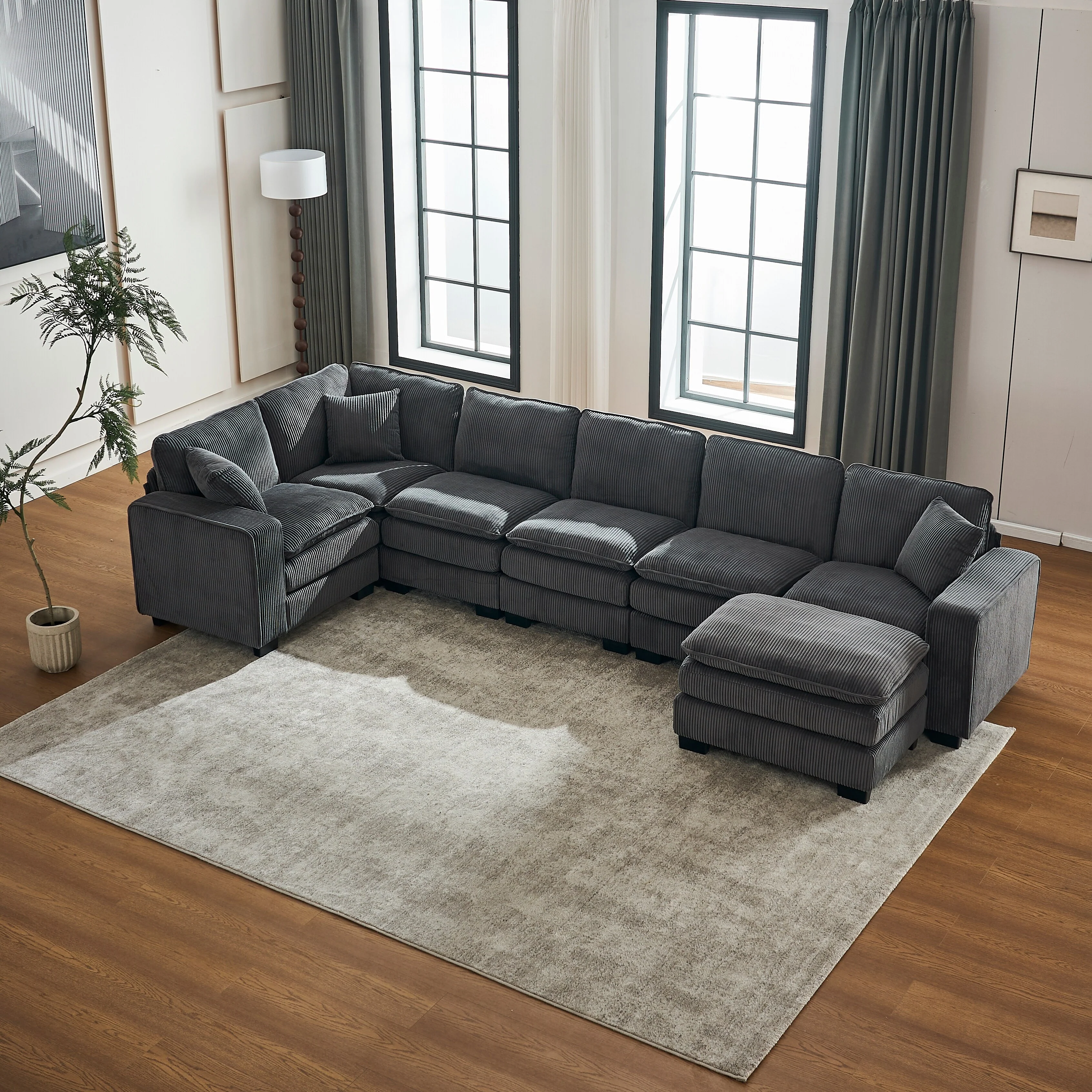 Grey 118.1'' Luxurious U-Shaped 6-Seater Sectional Sofa with Ottoman and 3 Plush Throw Pillows in Durable Corduroy Upholstery