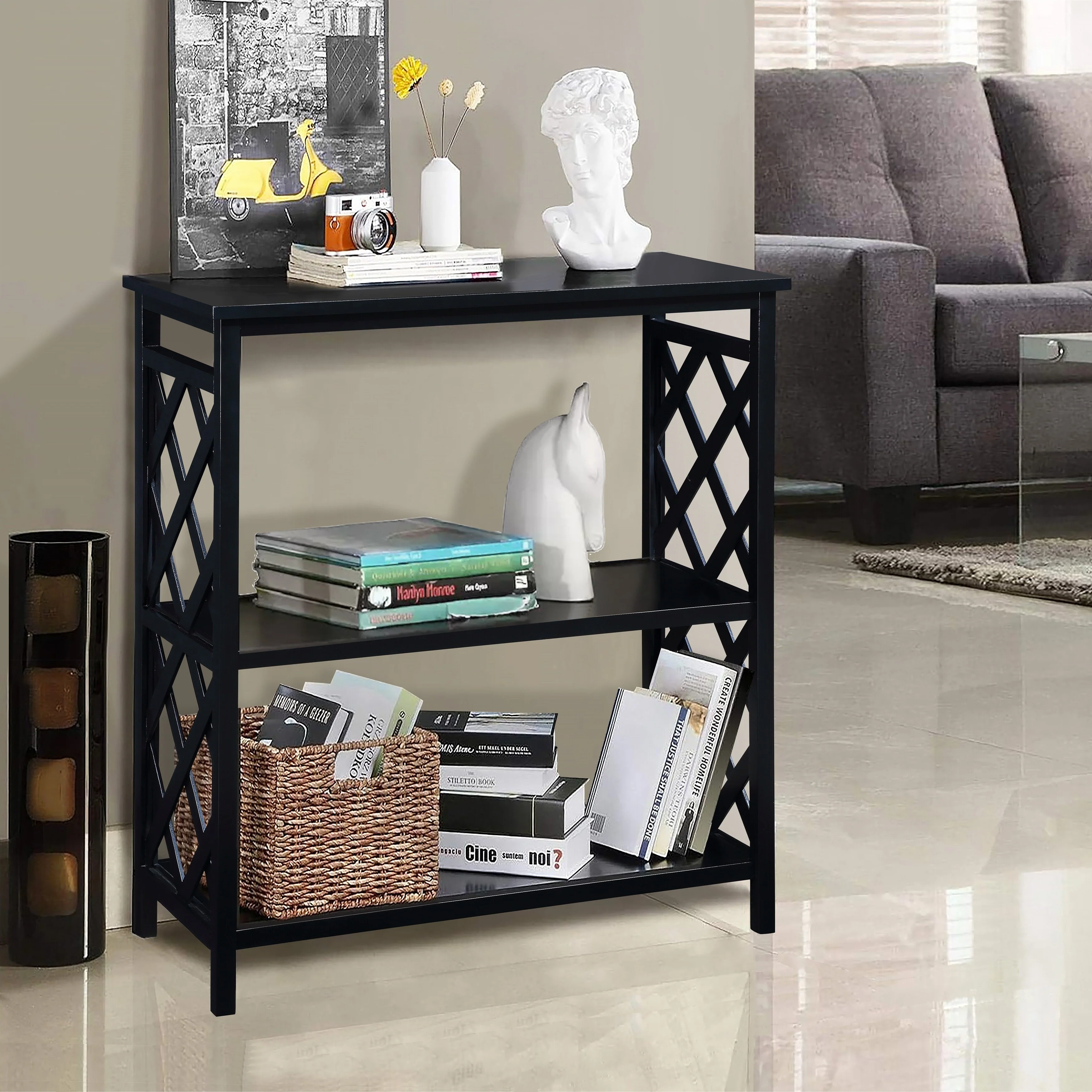 Console Table 3-Tier with Storage Shelves,Open Bookshelf Bookcase with Solid Wood Legs for Hallway, Living Room and Bedroom