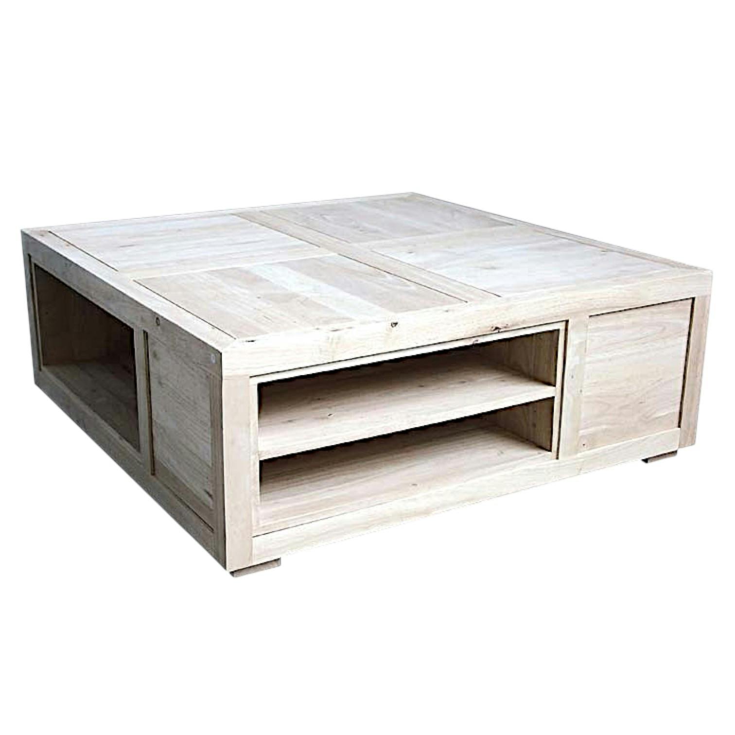 Table basse carrée avec casiers hévéa 100x100x38cm HELENA