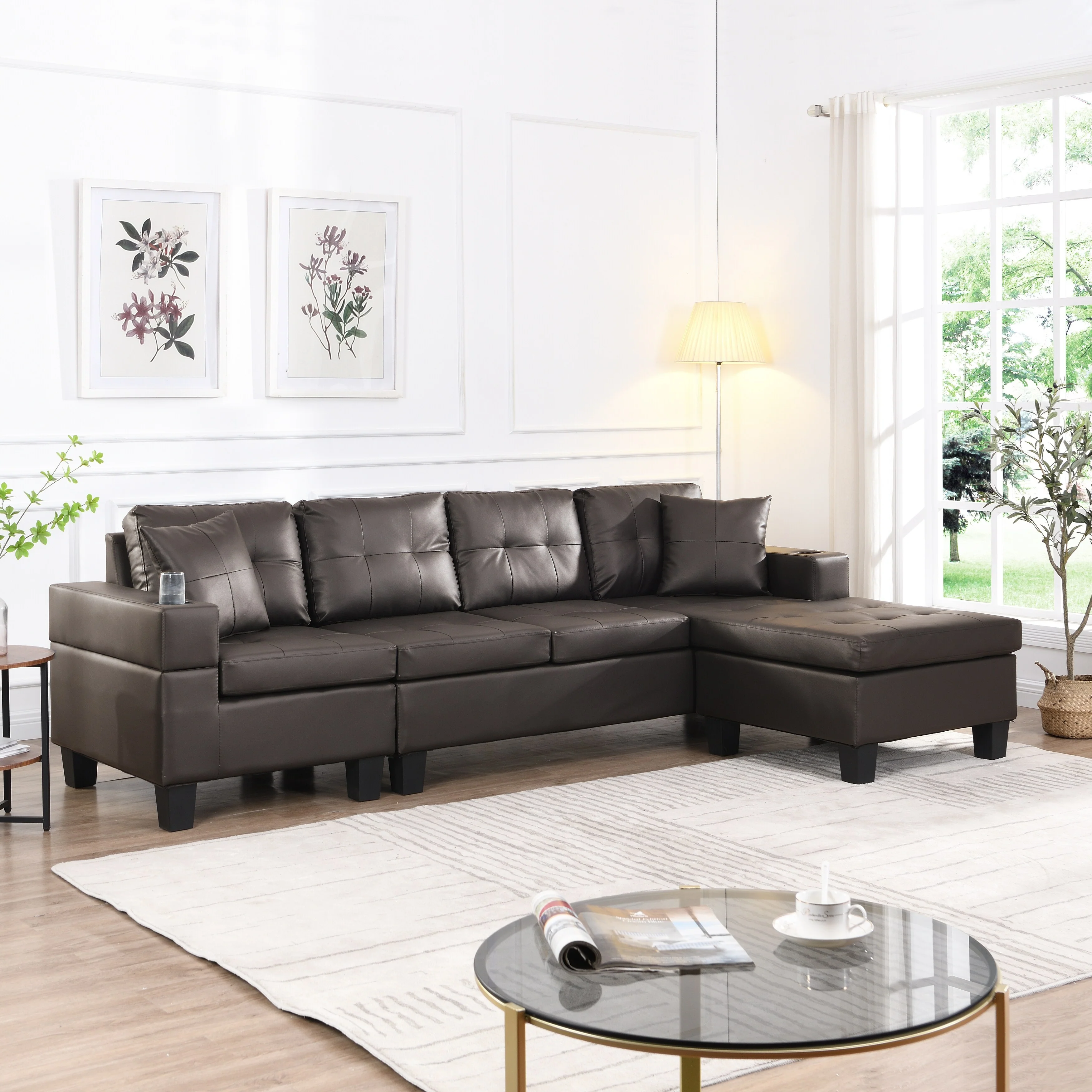 96.06'' PU Upholstery Modern 4 Seater Sectional Sofa Set with L-Shaped Chaise Lounge, Cup Holders, and Reversible Design