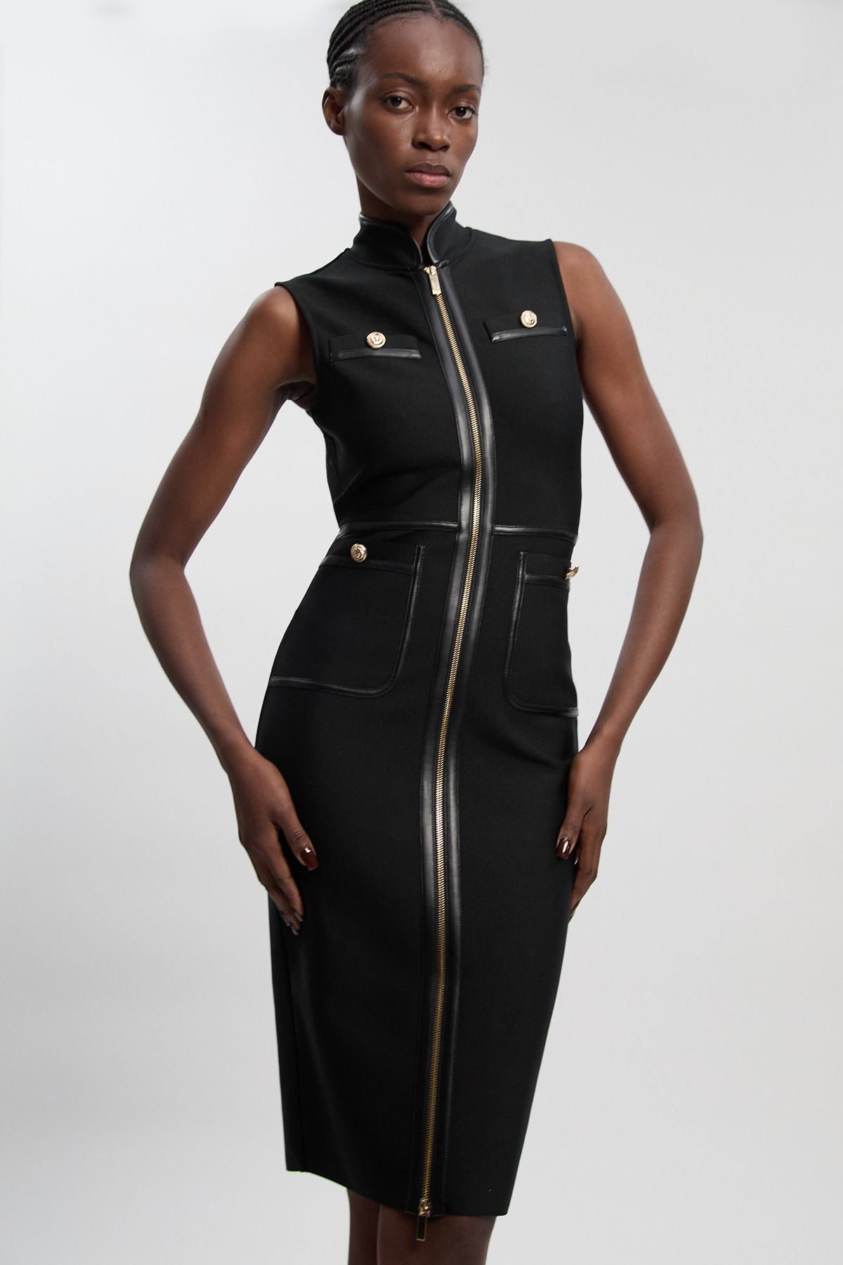 KarenMillen Sleeveless Pu Tipped Military Bandage Midi Dress