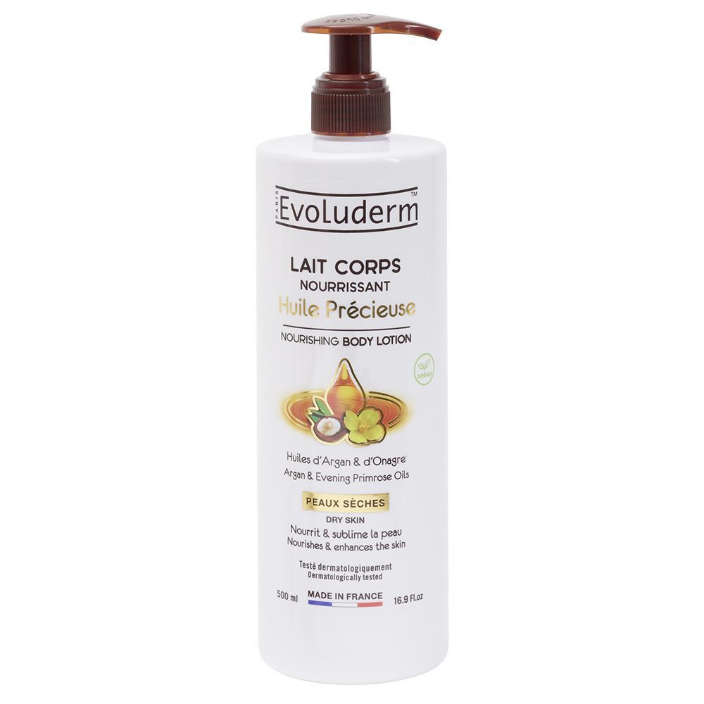 Lait corps Evoluderm huile précieuse Argan et Onagre peau sèche 500ml
