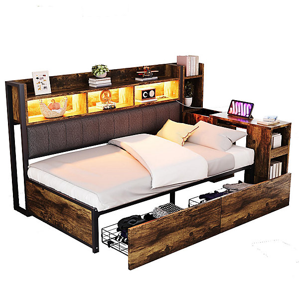 Canapé-lit fer 90x200 cm, rangement, LED, tiroirs, bureau coulissant - couleur bois