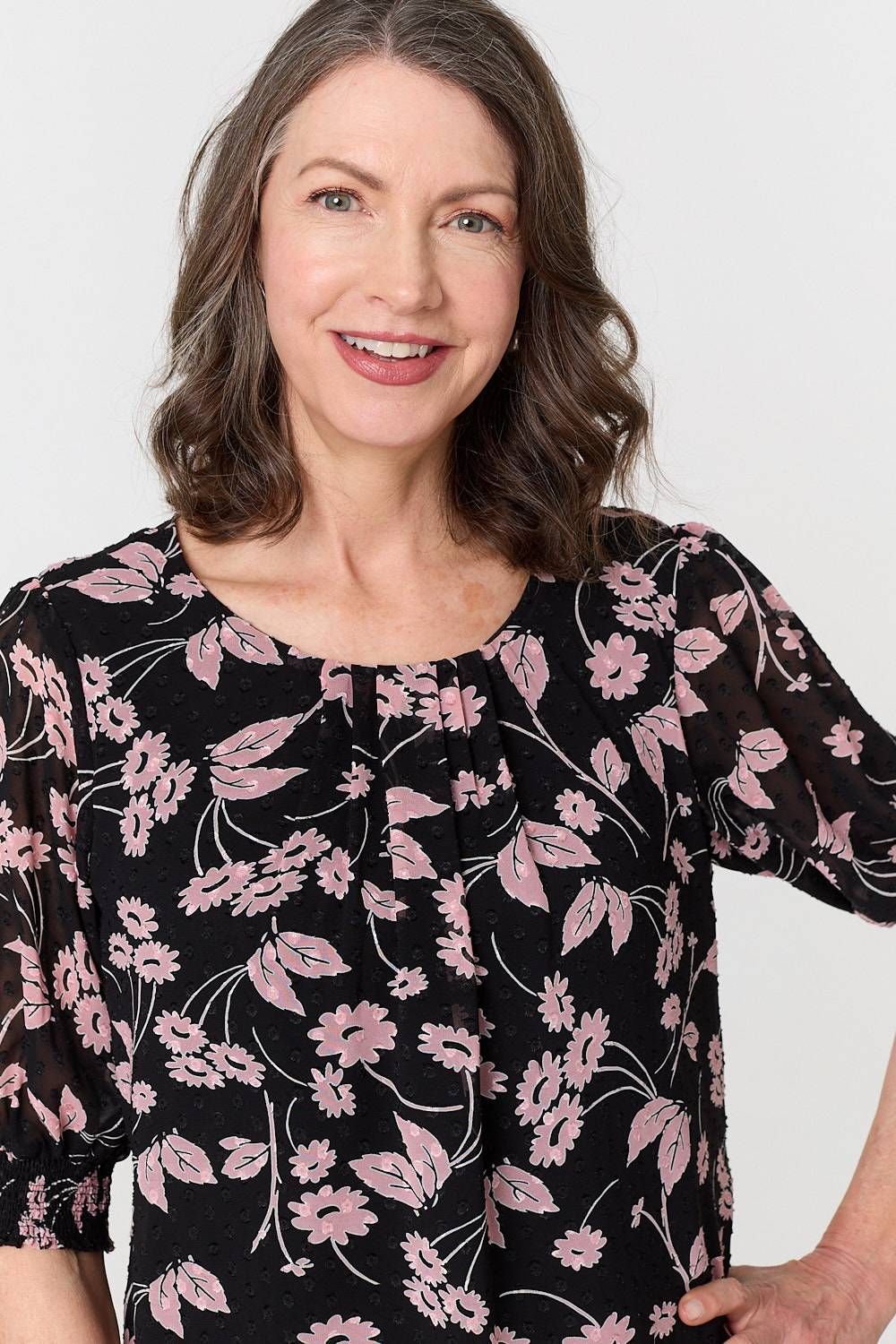 Izabel London Floral Relaxed 1/2 Puff Sleeve Blouse