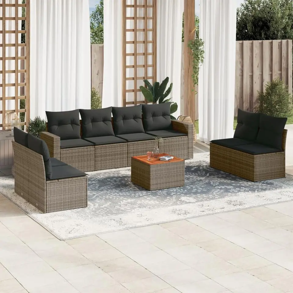 vidaXL Loungeset met kussens & salontafel - Grijs - Poly rattan - 9 stuks