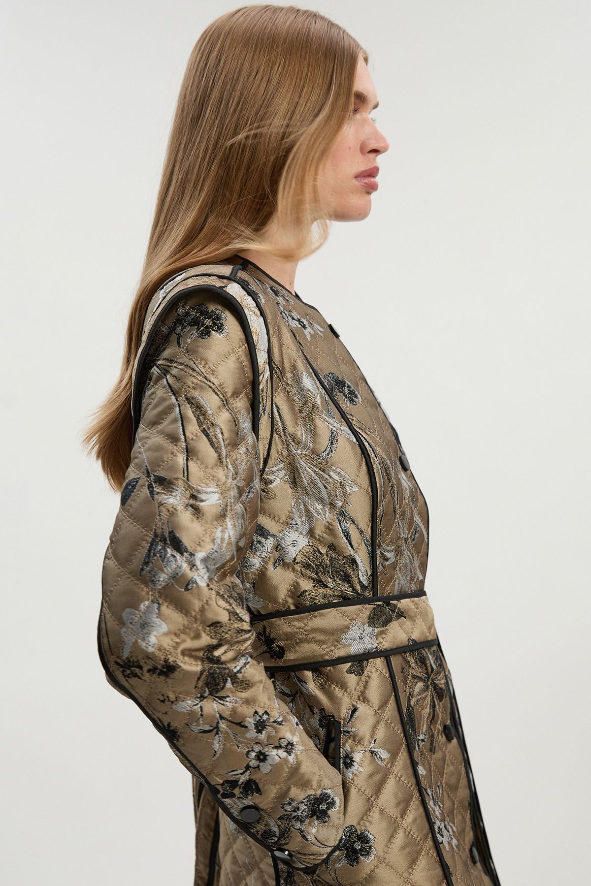 KarenMillen Petite Printed Jacquard Padded Collarless Full Midi Coat