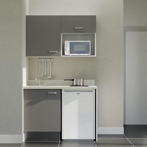 Kitchenette K07 - 120 cm - façades Gris - Plan monobloc en quartz coloris Snova évier à gauche - Electroménager Blanc