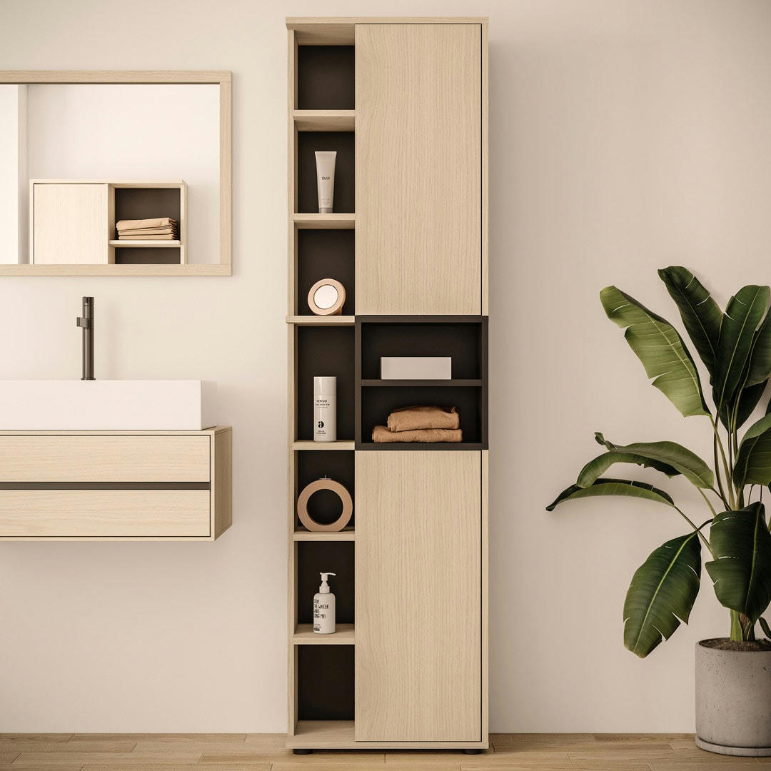 KUBE - Meuble de salle de bain effet bois chêne clair et noir