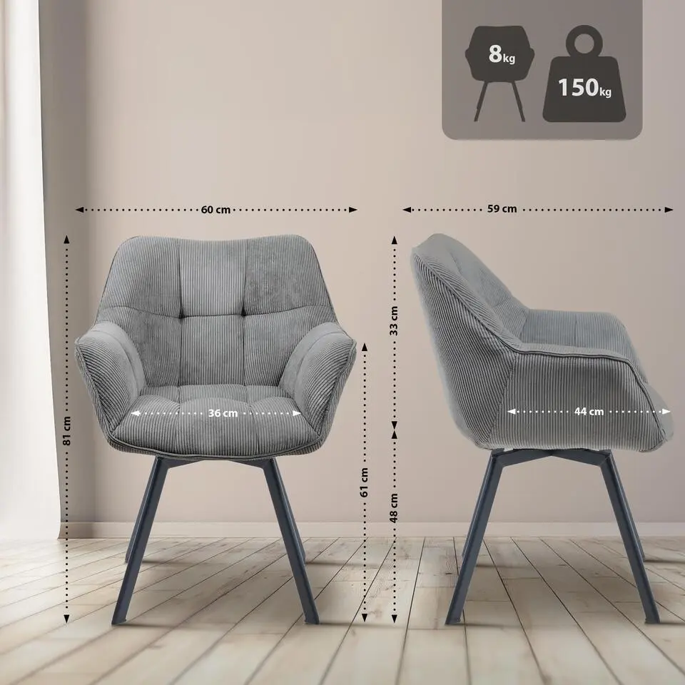 CLP Set van 2 Eetkamerstoel Jordi zwart Frame - Ribstof - grijs