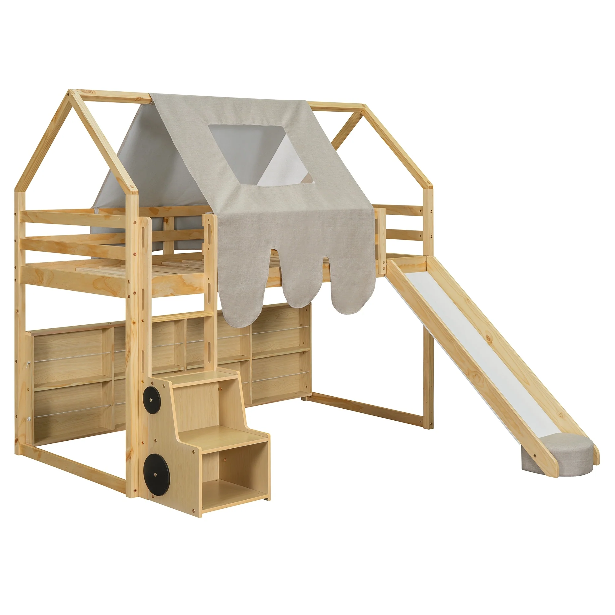 Twin size Wooden Loft Bed House-shaped Frame with a Tent, Natural+Beige