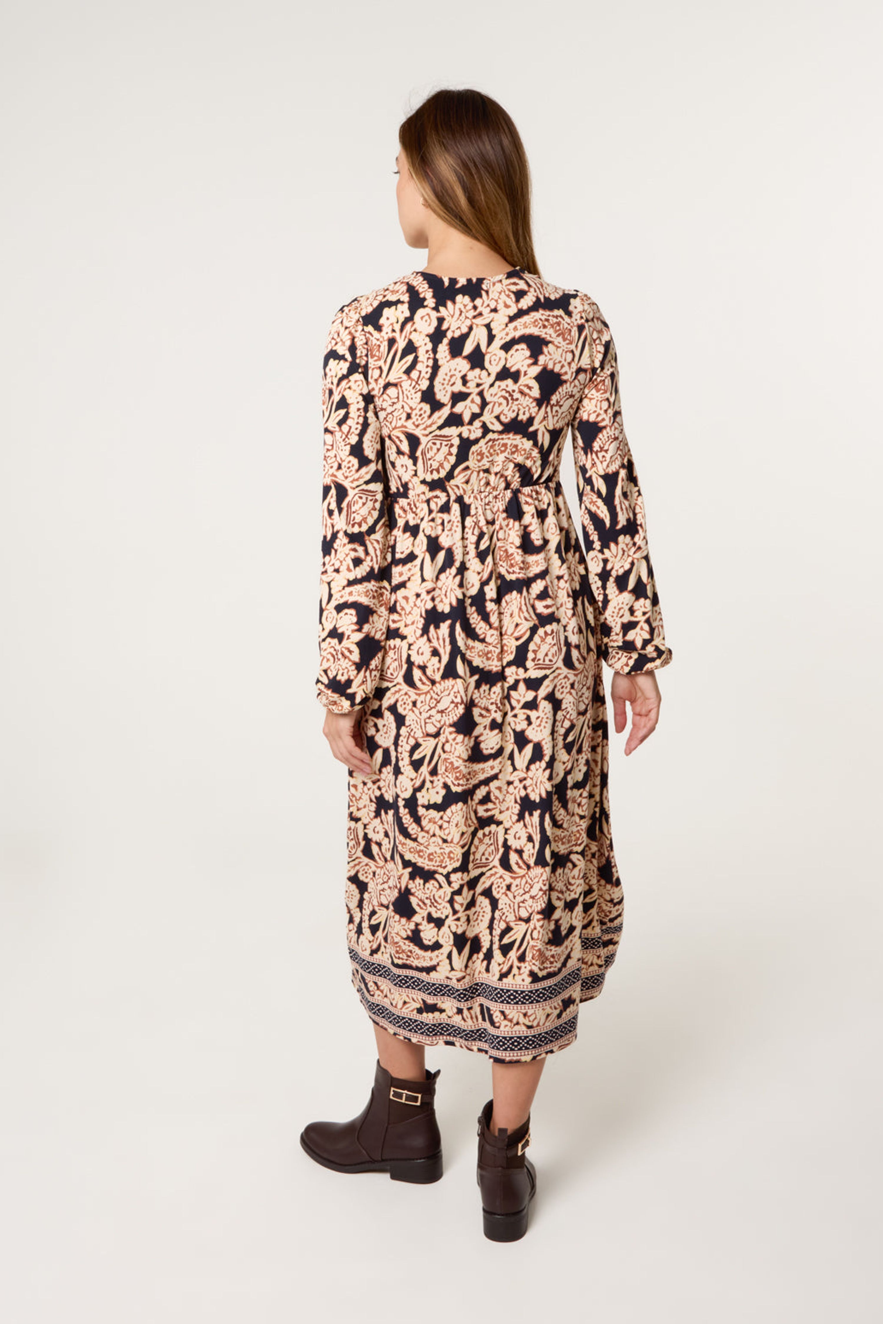 Blue Vanilla Navy V Neck Shirred Border Print Midi Dress