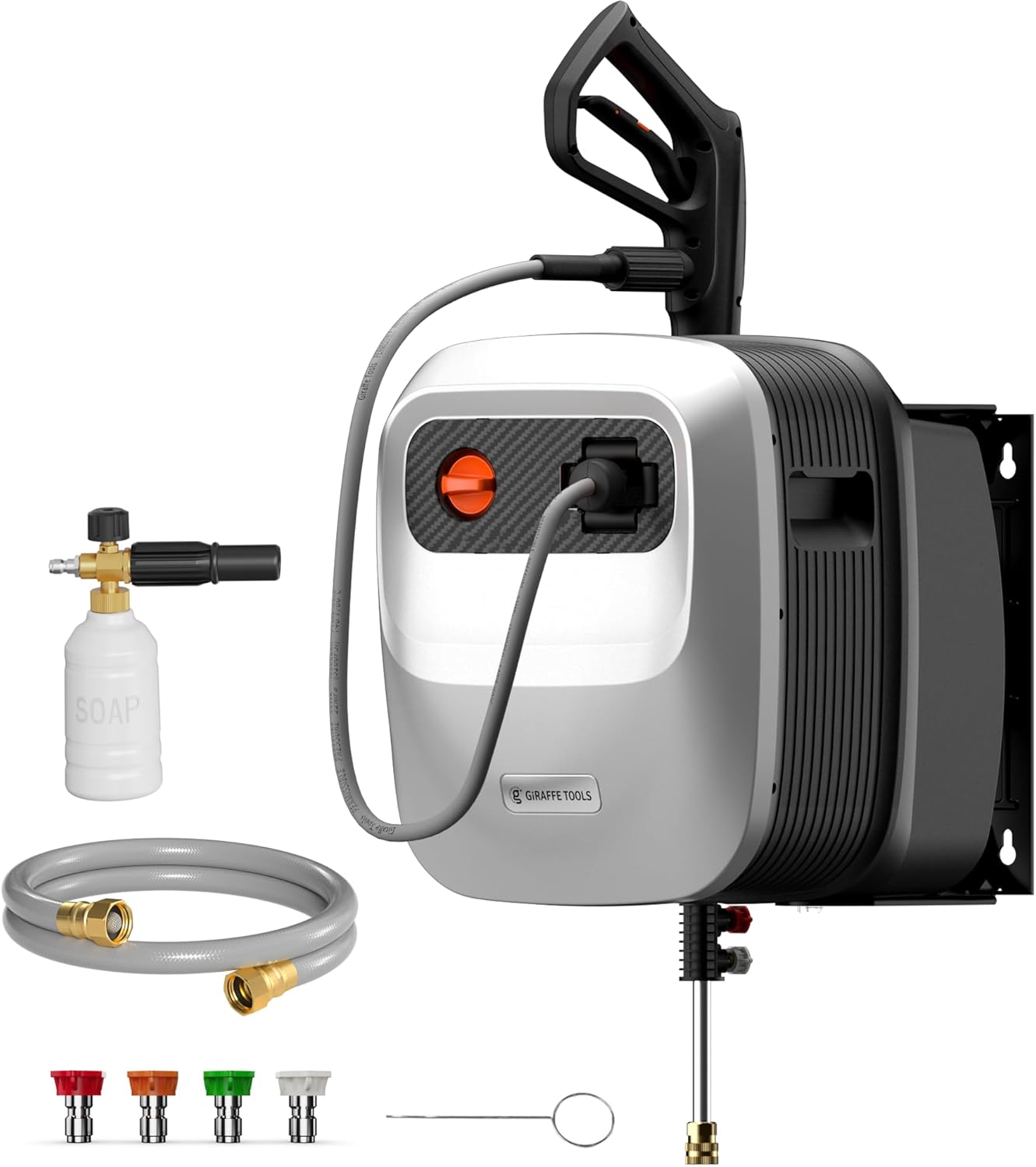 Giraffe Tools Grandfalls Retractable Pressure Washer G20  2500 PSI 2.2 GPM  Wall Mounted with 65FT Hose Reel  4 Nozzles for Floor/Cars/Fences/Patios  Light Silver Case with Grey Pressure Hoses