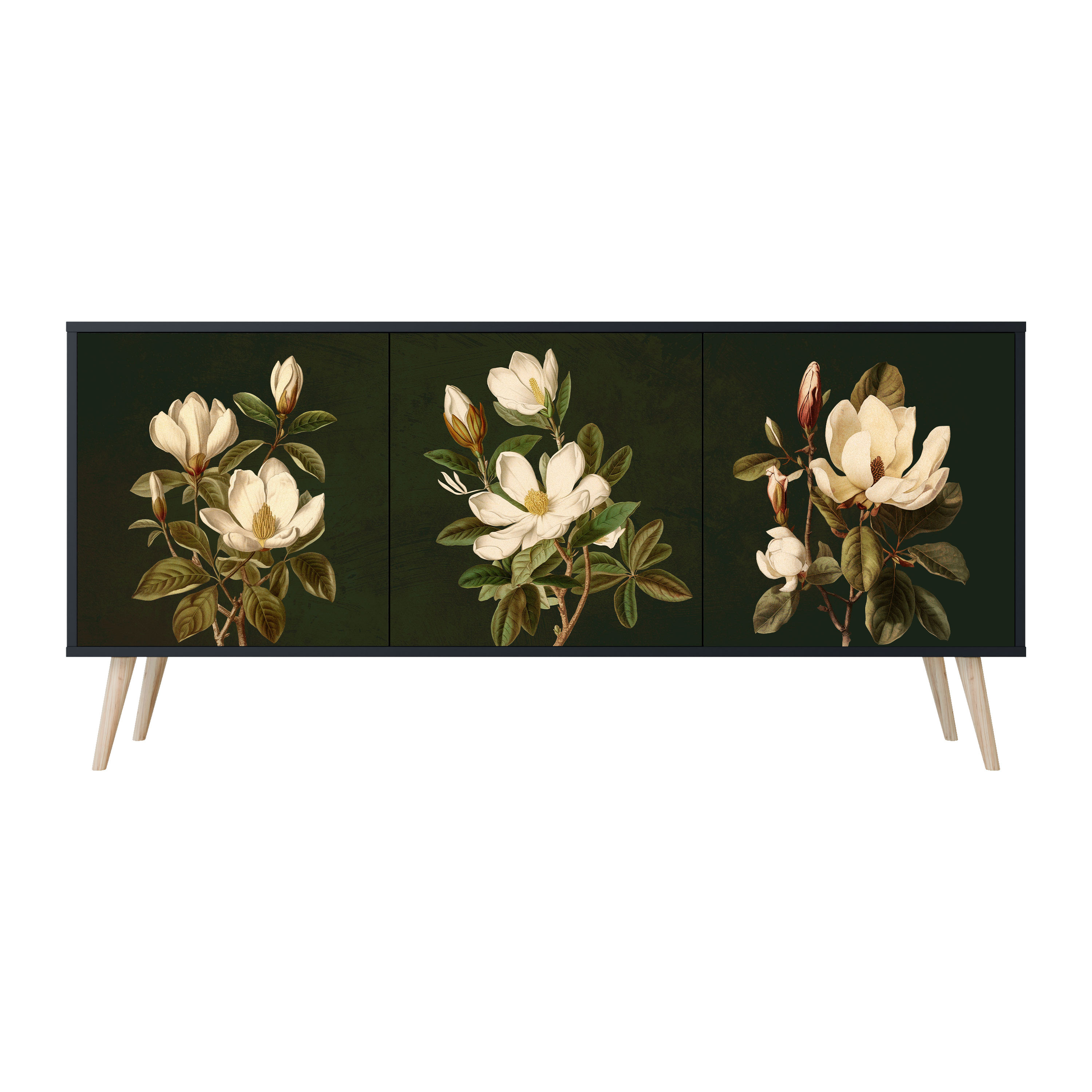 FLORAL NOIR Komoda 3 drzwi Czarna-Bukowa skośna