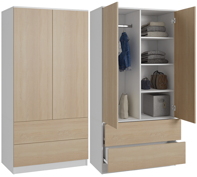 Szafa garderoba CLASSIC 2 szuflady - Biała/front Dąb Sonoma | 180x90x50 cm