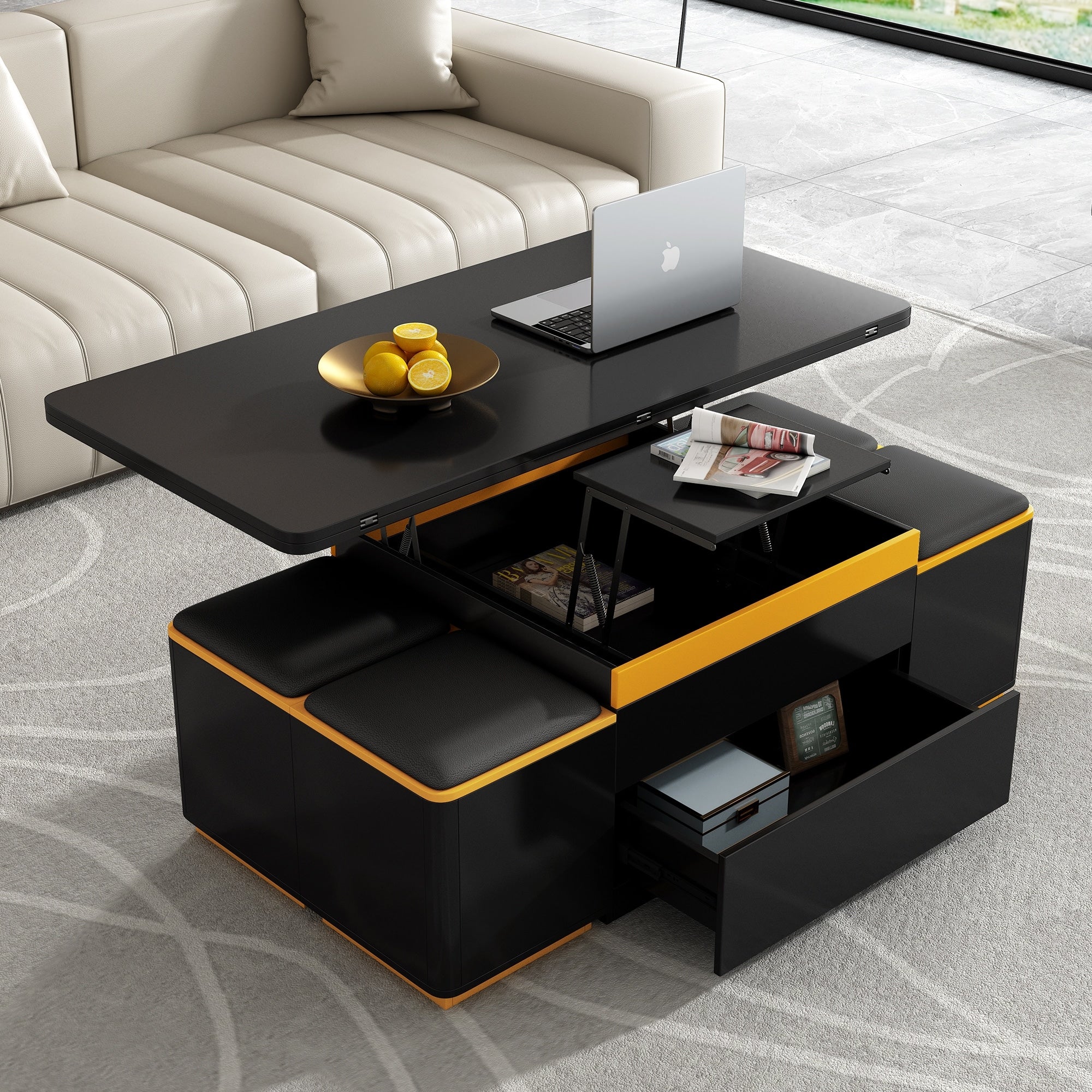 Lift-Top Coffee Table with 4 Stools - Space-Saving, Foldable, Multi-Functional