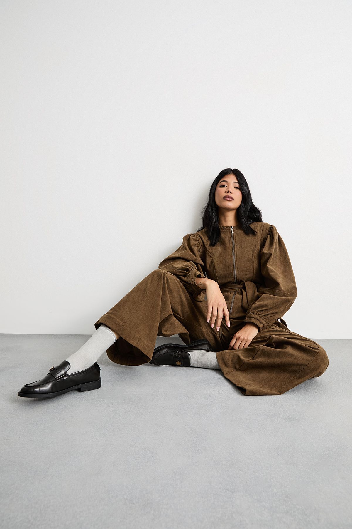 Warehouse Cord Zip Through Belted Jumpsuit