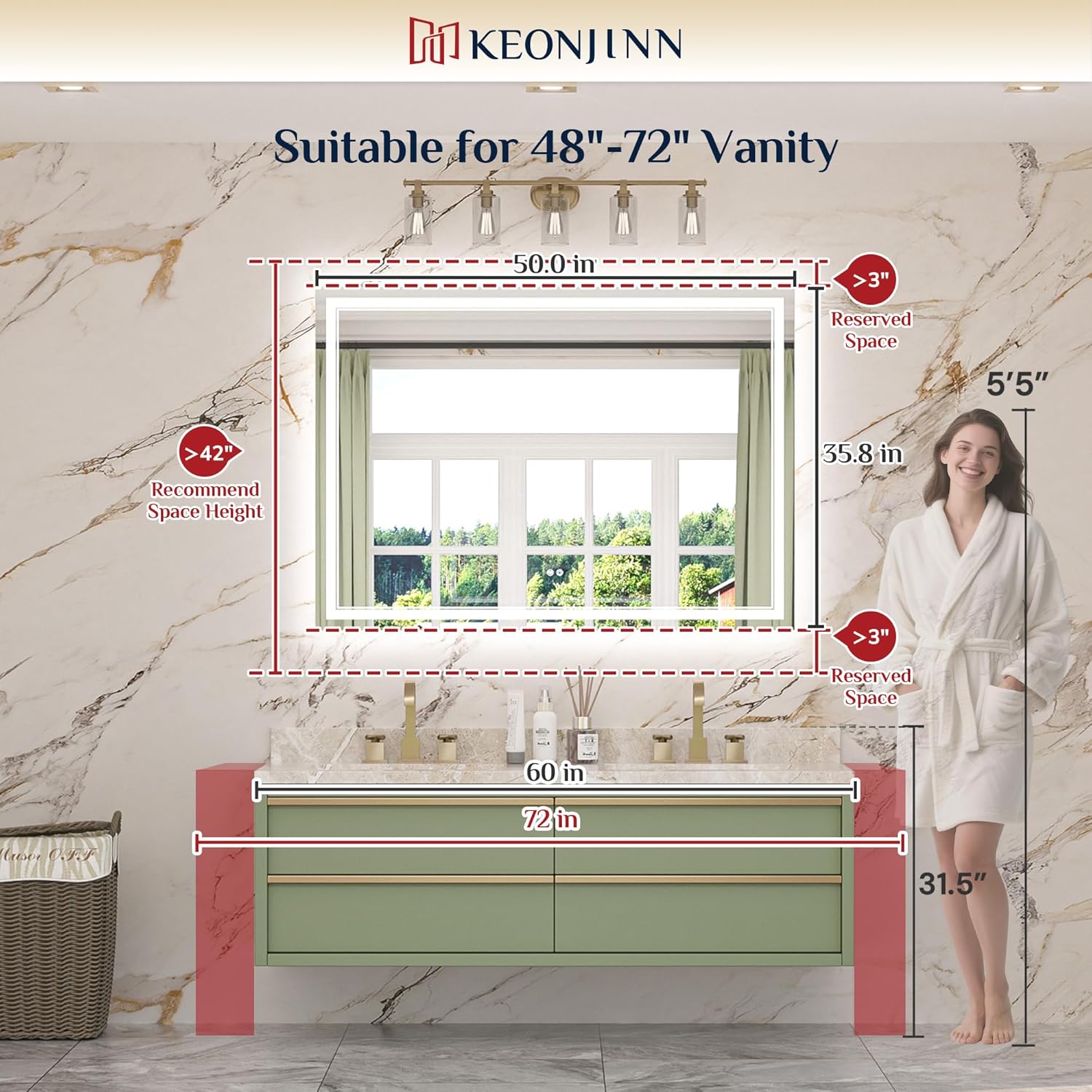 Keonjinn 50 x 36 Bathroom LED Mirror, Front & Back Lighted Mirror for Bathroom Wall, Tempered Glass, Safe Defogger, 3 Color Temperature, Dimmable, Memory Function, Light Up Vanity Mirror