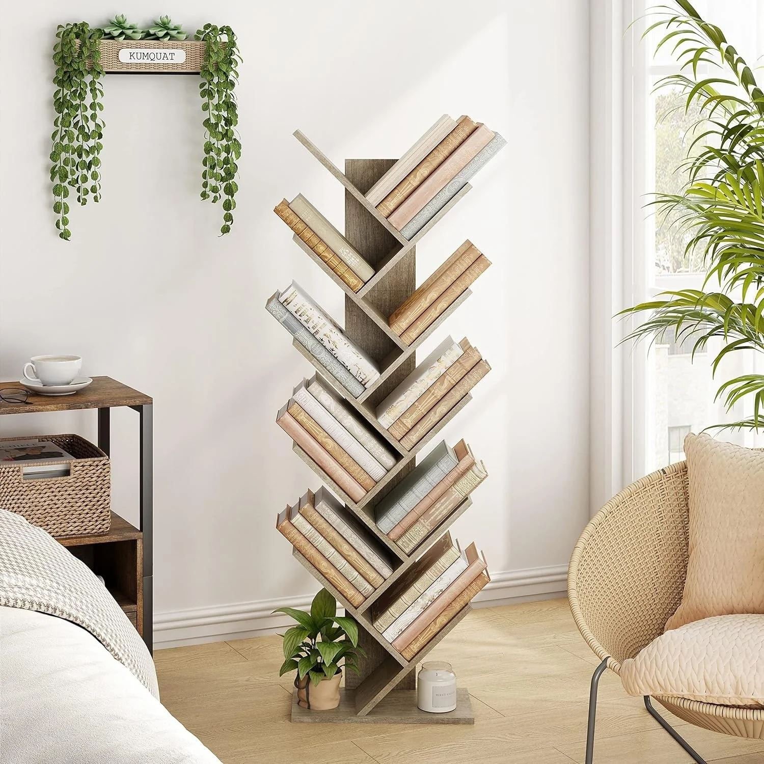 10 Tier Free Tree Bookshelf, Display Floor Standing Shelf for Books