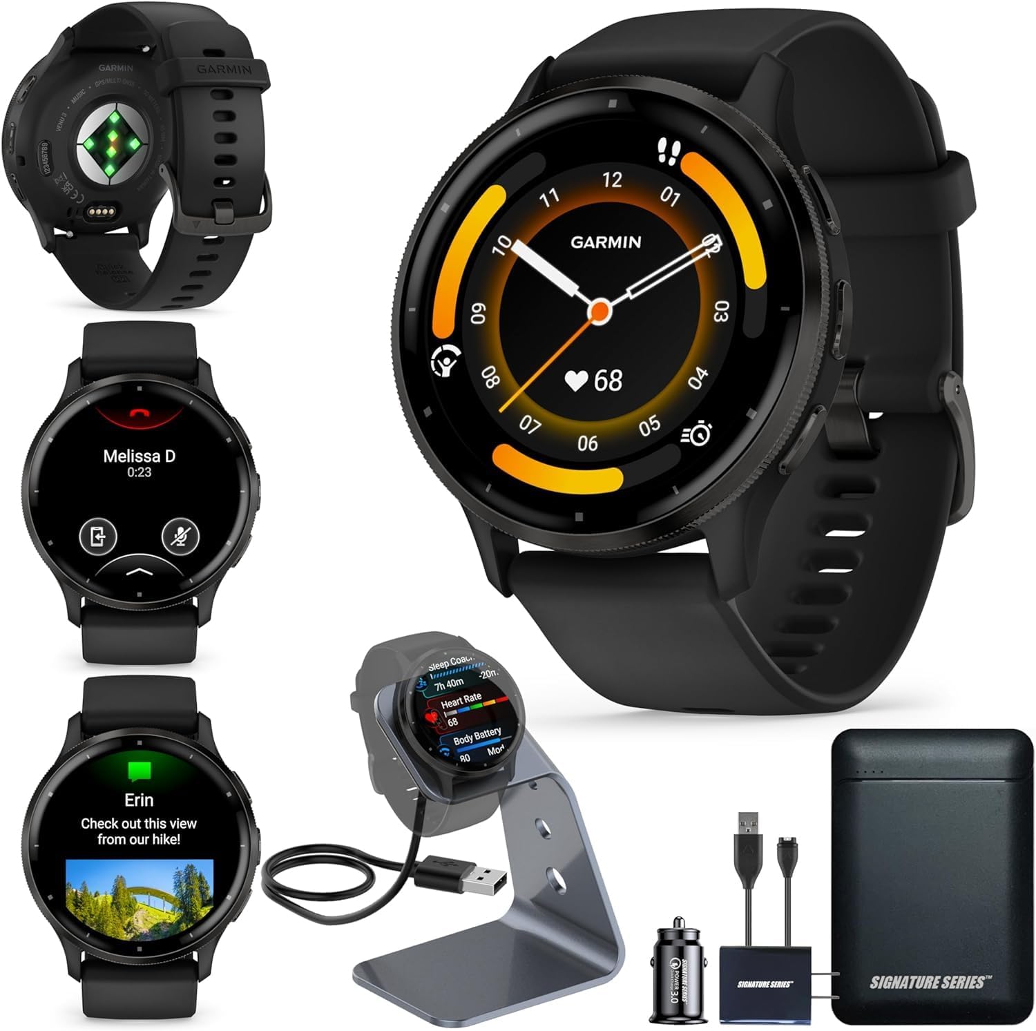 Garmin Venu 3 Running GPS Smartwatch with AMOLED Display  Advanced Health  Fitness Features  Up to 14 Day Battery Life with Signature Power Bundle | Slate with Black Silicone Band