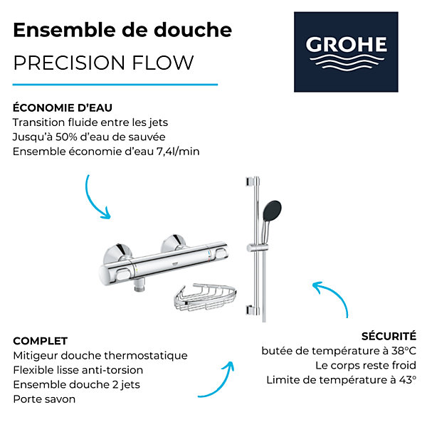 Mitigeur douche thermostatique GROHE Precision Flow   Ensemble de douche 2 jets avec barre   Porte-savon