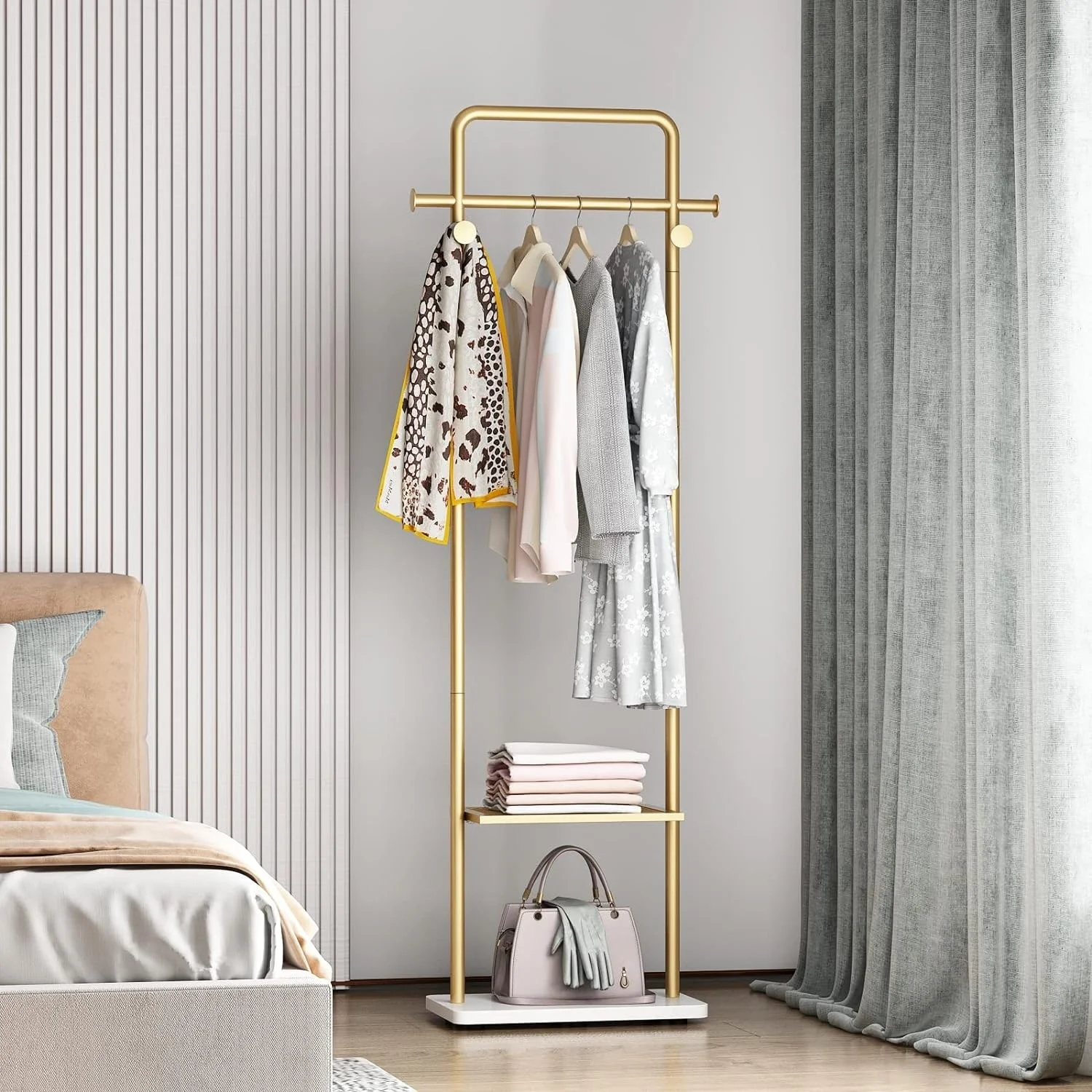 Freestanding Metal Corner Clothes Stand Coat Rack with 4 Hooks Gold