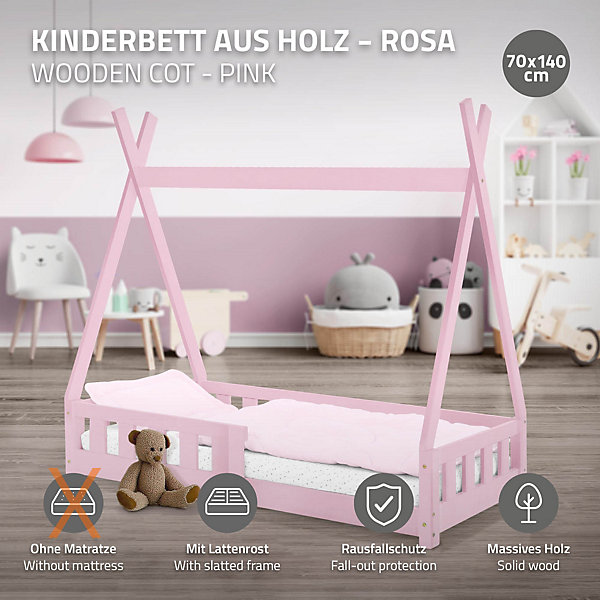 Lit d'enfants ML-Design Tipi 70x140 cm rose maison indien en bois de pin avec sommier clôture de jeu