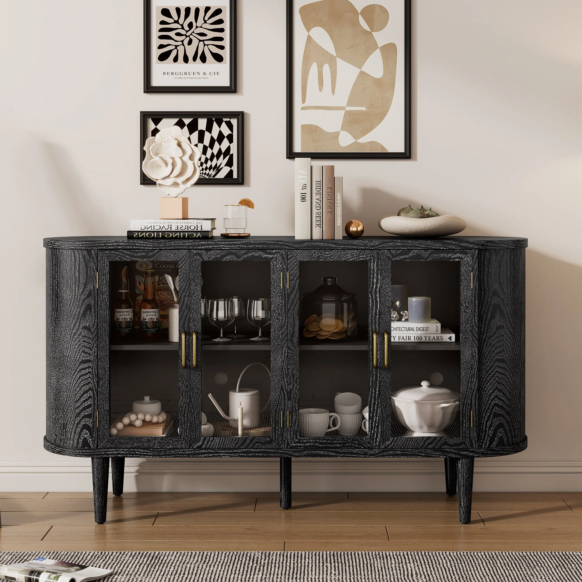 Farmhouse Sideboard Cabinet with Glass Doors & Adjustable Shelves