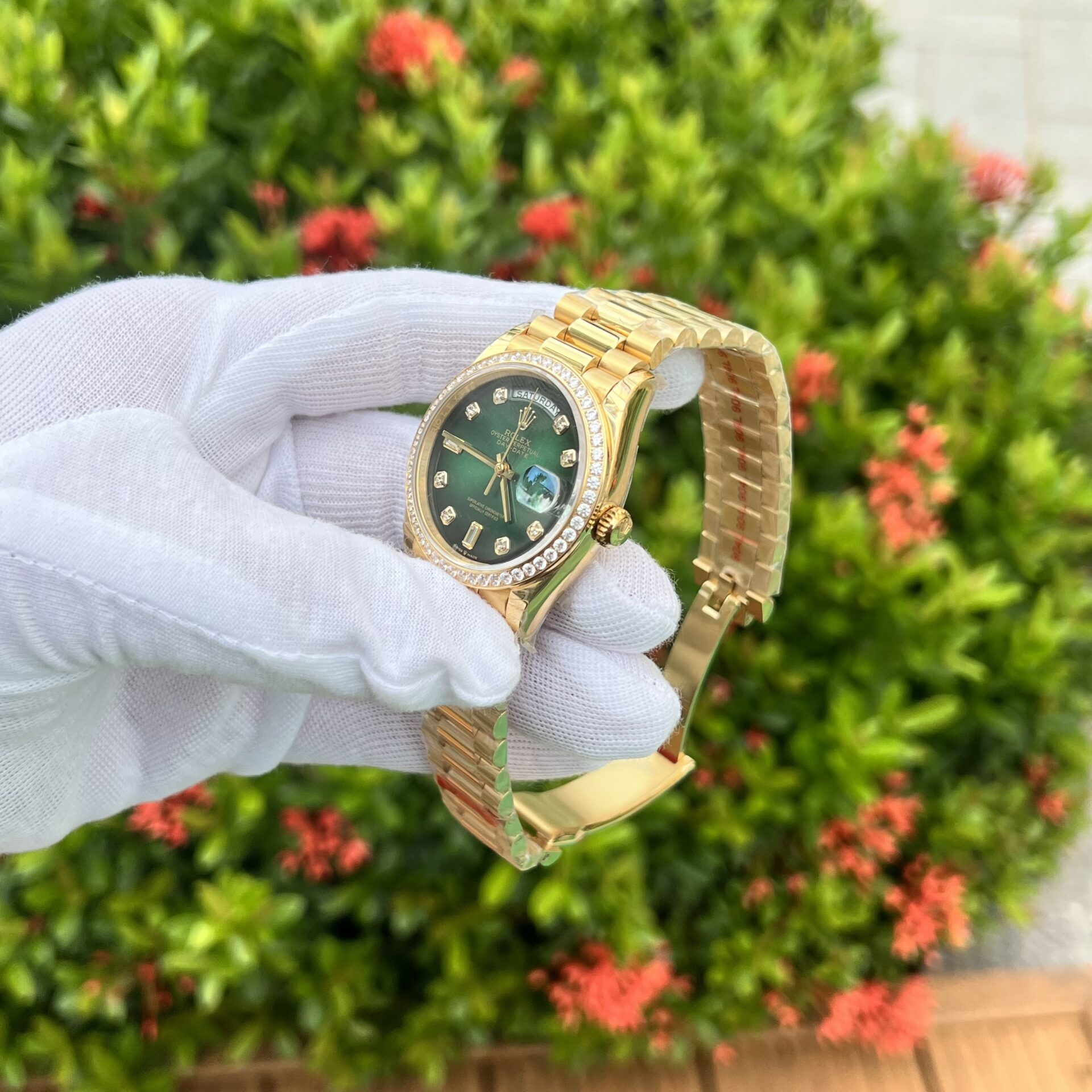 Rolex Day-Date 128348RBR YG Plated Ombre Green Dial CZ Diamonds 36mm EWF Replica