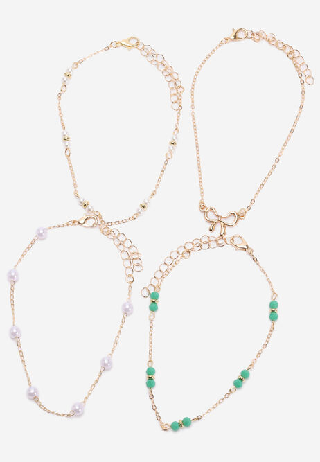 Womens 4pk Gold Bow Beaded Anklets