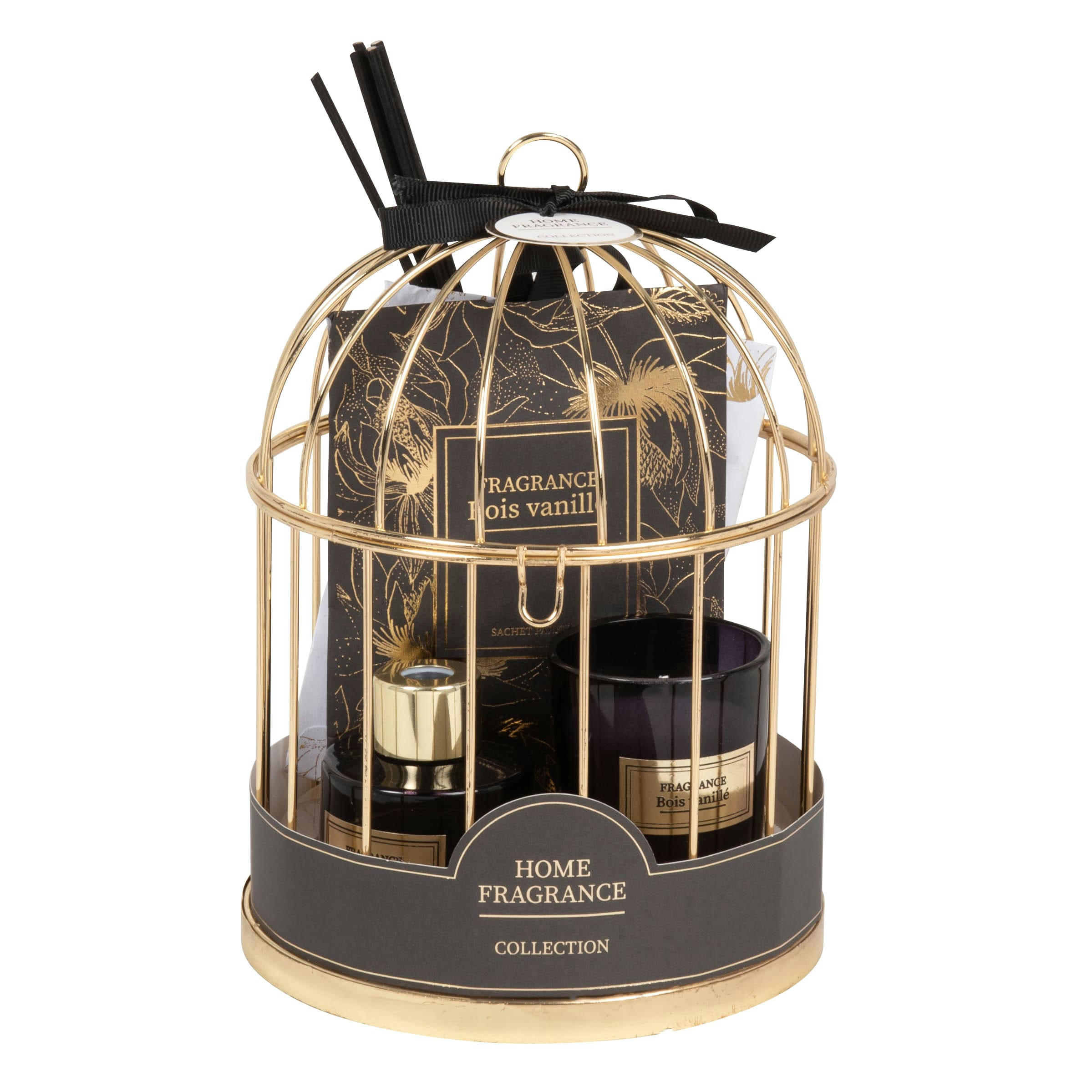 VIENNE - Diffuseur en verre, sachets et bougie parfumés (45g) support cage en métal doré
