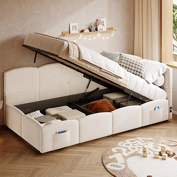 Lit rembourré 90x200 cm avec sommier port USB poche de rangement en velours beige sans matelas