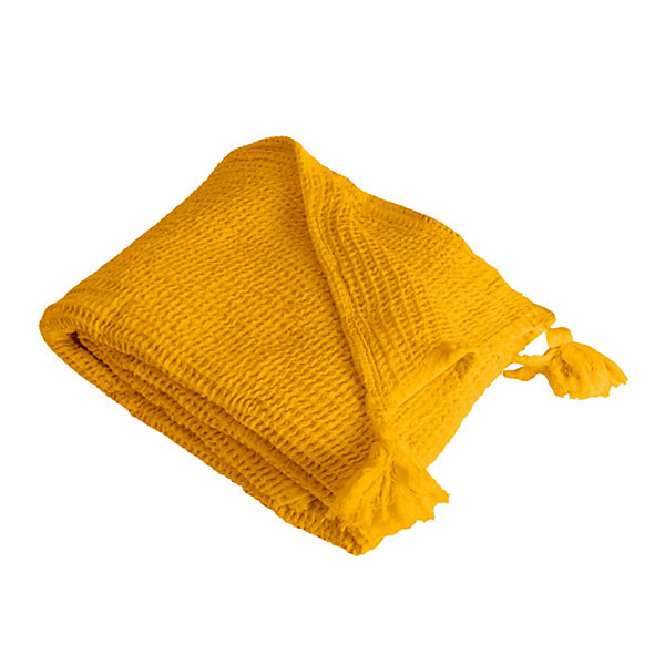 Couverture plaid jaune en coton 100% avec franges 130x170 cm ARNISKA - SACASA